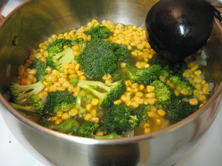 cooking broccoli and corn for soup